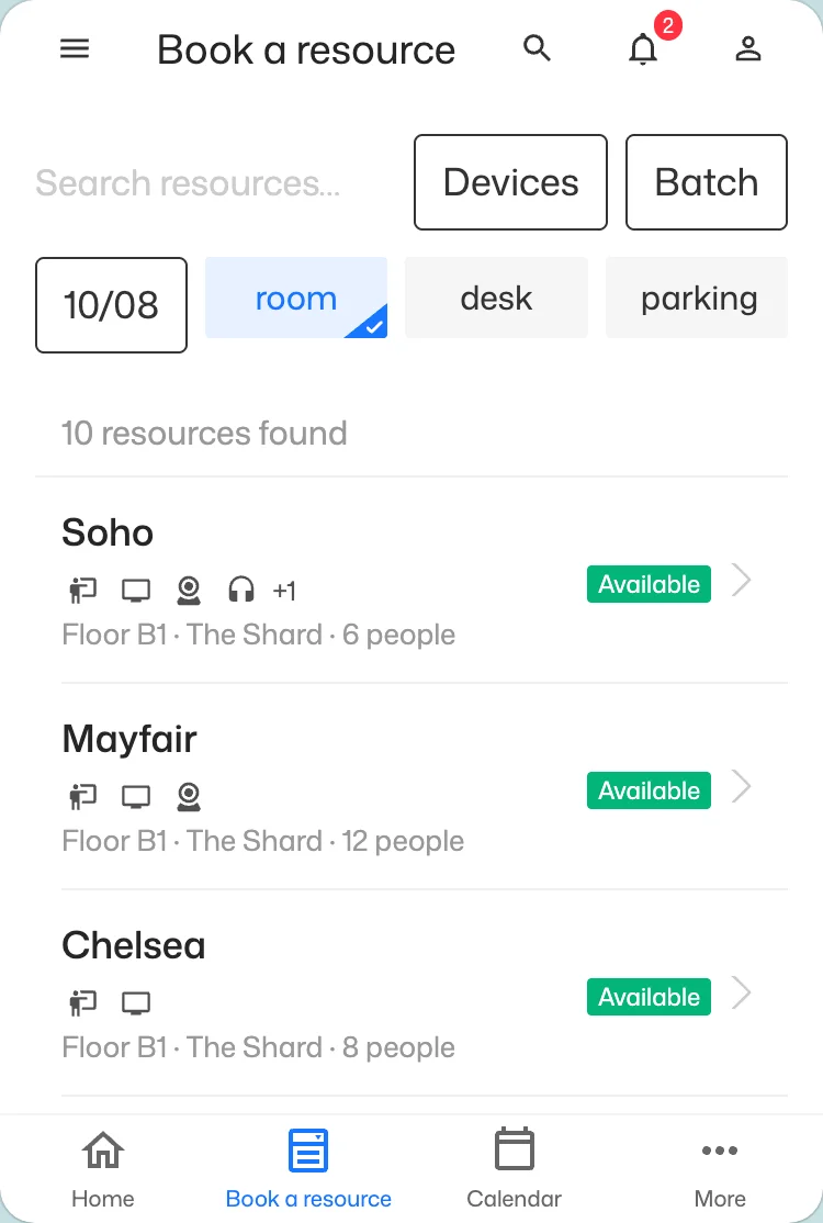 Gaia Workspace mobile app listing Soho, Mayfair, Chelsea and Camden with live availability