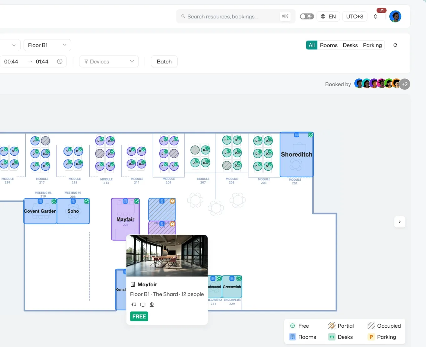 Gaia Workspace desktop floor map with live room availability and occupancy legend